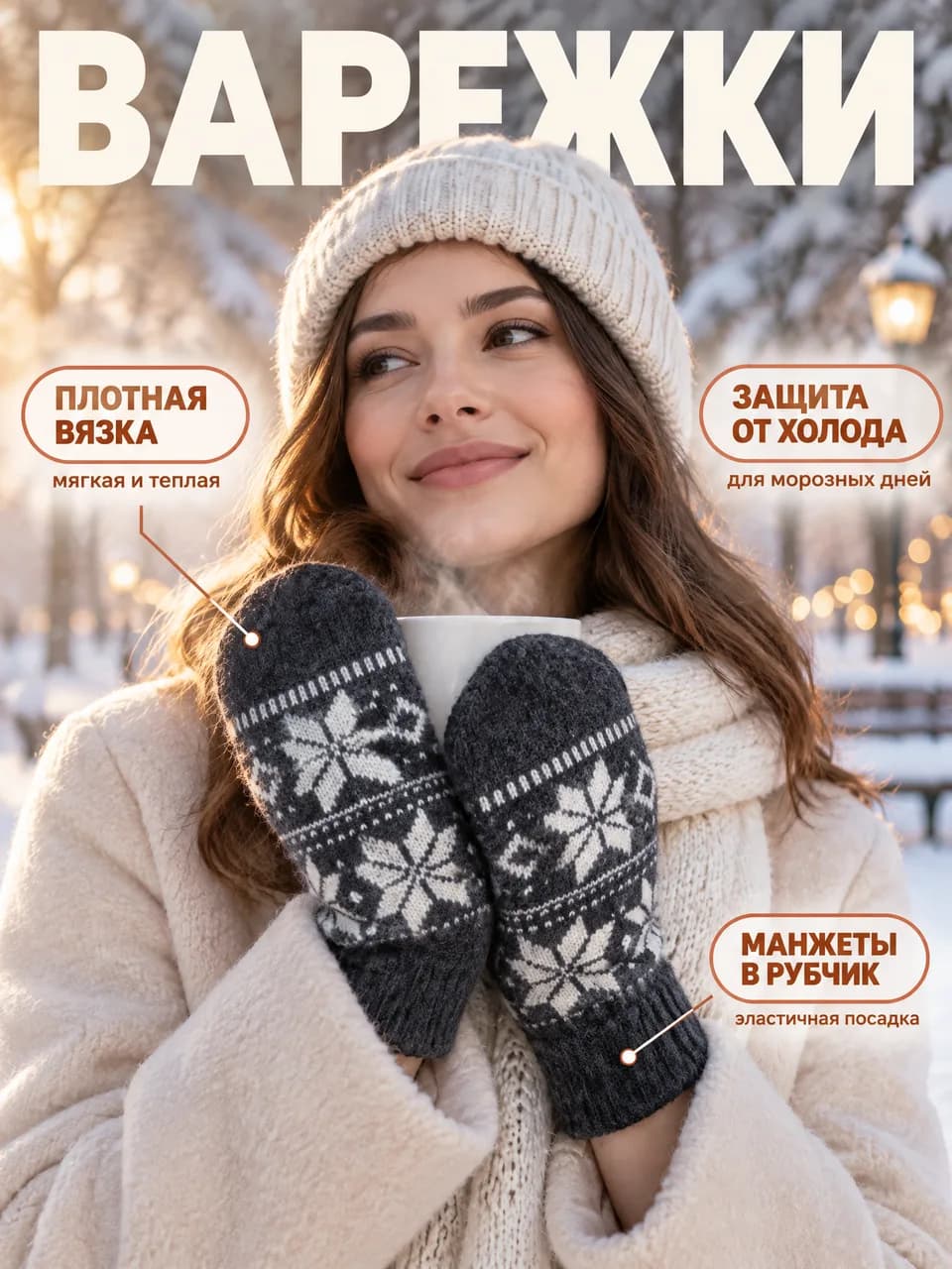 Карточка товара, созданная в Cards Master: девушка в вязаных варежках со снежинками на зимней улице, плашки про плотную вязку и защиту от холода