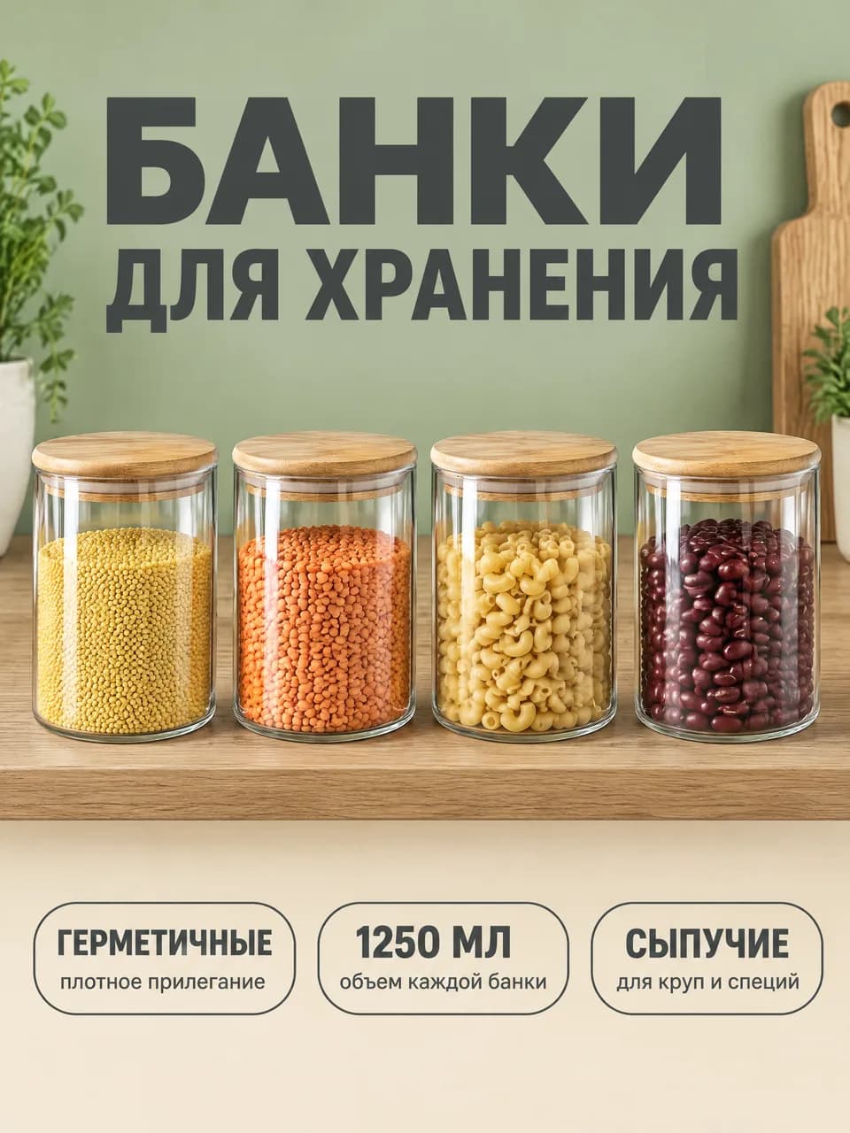 Карточка товара, созданная в Cards Master: четыре стеклянные банки с крупами, макаронами и фасолью под бамбуковыми крышками на кухонной полке, плашки про герметичность и объём