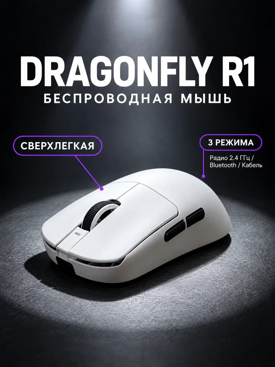 Карточка товара, созданная в Cards Master: белая беспроводная мышь под лучом света на тёмном фоне, плашки про лёгкость и три режима подключения